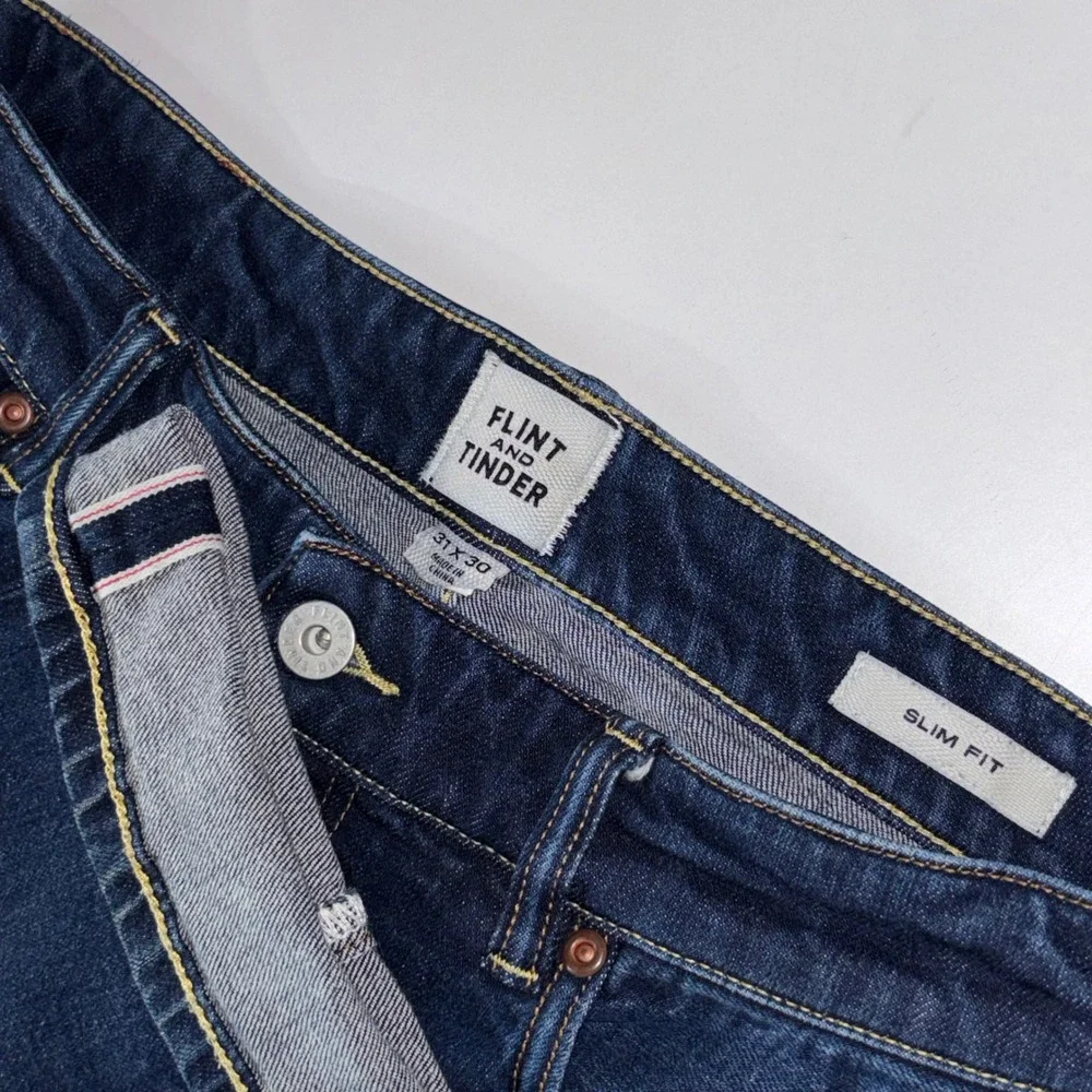 Flint and Tinder 31x30 Slim Fit Selvedge Jeans Mens Blue Stretch Denim 30x28.5